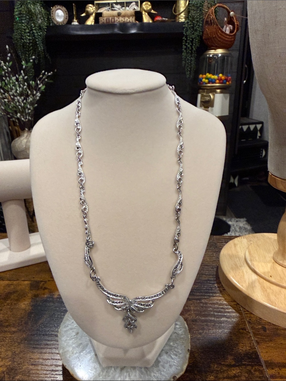 Silver Crystal Bow Pendant Necklace - Elegant Silver Tone